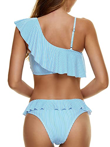 Peddney Women Flounce One Shoulder Bikini Swimsuit Ruffle Stripe Print Two Piece Bathing Suits