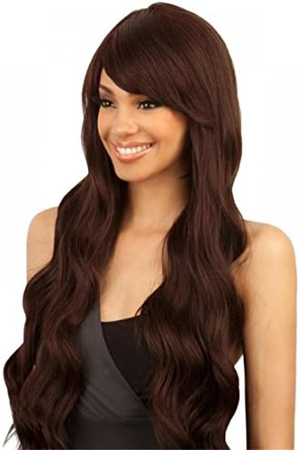 SOUMAOG 45cm Body Wave Heat Resistant Synthetic Long Hair Wig for Elegant Women with Inclined Bang Very Natural Looking Air Rose Net