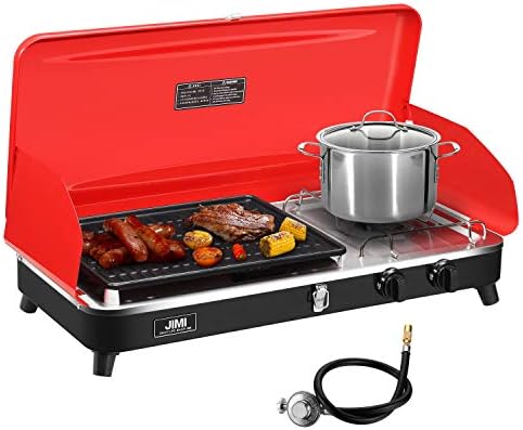 Portable 2 Burner Grill/Stove,Camp Propane Grill with Hose and Adapter for Outdoor Cooking-Camping and Tailgating,Orange (Red)