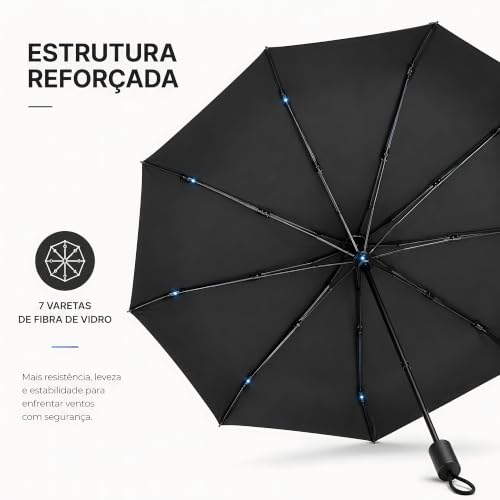 Guarda-Chuva preto Dobrável BF Brasil Forte – Manual, Compacto, 7 Varetas de Fibra de Vidro, Proteção UV, Resistente ao Vento, Leve para Uso Diário