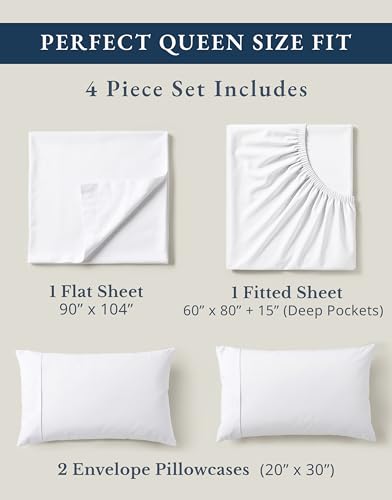 Lane Linen Bed Sheets Queen 100% Organic Cotton Sheets - White | GOTS Certified, 4pc Bedding Set, 15" Pocket, Percale Weave, Highly Breathable, Machine Washable, Cold Wash Safe