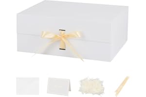 BoxSkivra White Large Gift Box with Ribbon 1 Pack 13X11X5.3 Inch Large Box with Lid Magnetic Closure Rectangle Collapsible Luxury Wrap Box for Weeding Gifts Crinkle Cut Paper Shred with Card