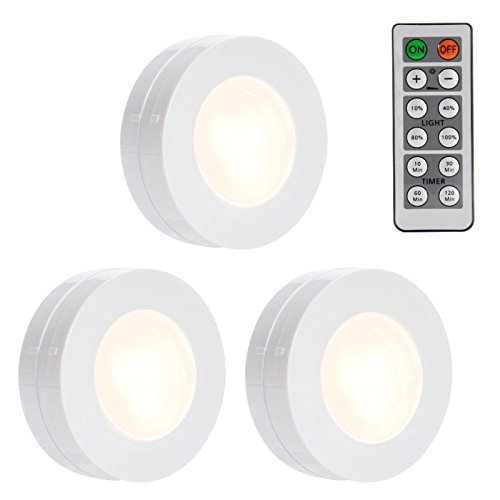 Leoie 3 Packed LED Puck Lights Remote Controlled Closet Lights Super Bright Under Cabinet Lighting Round Shape Battery Powered Dimmable Light