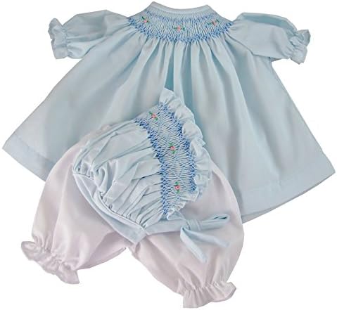 Doll Clothes Sew Beautiful Blue Smocked Dress &amp; Bonnet +White Bloomers fits Bitty Baby by