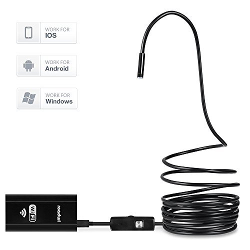 Borescope Wireless wifi Endoscope Waterproof Inspection Snake Camera Kit with 5-meter long flexible Cable, 8mm Head Diameter, 6 LED Lights, for Android IOS Smartphones, Tablets and Computer