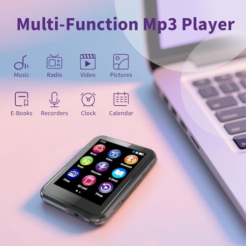 QNGEE 64GB MP3 Player with Bluetooth 5.3, 2.4" Touch Screen, FM Radio, Voice Recording, Hi-Fi Sound, E-Book Function, Memory Expansion up to 512GB + Grey Case