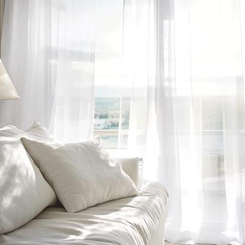 PONY DANCE Extra Wide Curtain, White, Transparent, Set of 1, H 245 x W 300 cm, Voile Curtain for Living Room & Bedroom with 3-in-1 Ruffle Tape for Rail & Pole