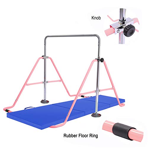 Safly Fun Expandable Gymnastics Bars with Mat Junior Training Bar Gymnastic Folding Horizontal Bars with Mat for Kids(Pink+Mat)