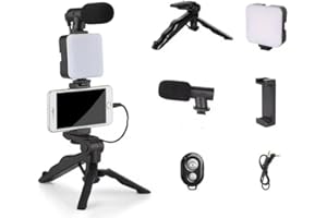 Acuvar Vlogging Kit for iPhone, Android (with Tripod), with Mini LED Video Light + Shotgun Microphone + Phone Mount + Tripod for Video Calling, Vlogging, YouTube, Instagram, TikTok