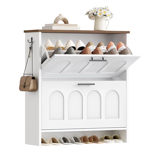 HOOBRO Flip Shoe Cabinet, Narrow Storage with Arch-Patterned Doors, Adjustable Shelves, Entryway Organizer for Hallway, Small Spaces, White and Walnut WH42SC01