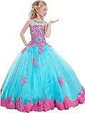 Y&C Girls' Ball Gown Appliques Beads O-neck Pageant Dresses 6 US Blue Pink