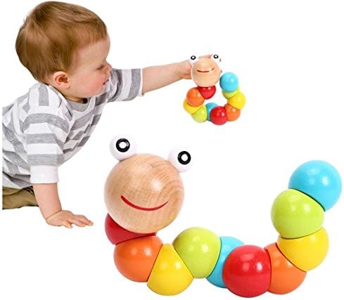 Pack of 2 Colorful Educational Wood Wooden Baby Toy Caterpillar Worm Wood Grasp and Twist Toy