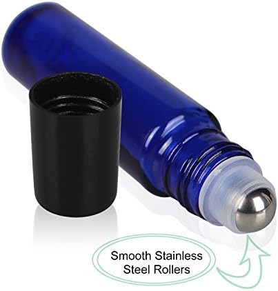 Blue Cobalt Glass Essential Oil Roller Bottles with Stainless Steel Roller Balls,Useful for Aromatherapy Perfumes and Lip Balms, Solid Blue Glass, 6 Bottle Set,10ml，Glass Roll on Bottle