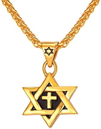 Jewish Magen Star David Necklace Hebrew Hanukkah Pendant Jewelry Non Tarnish Stainless Steel Necklace with Gift Pouch For Men Women (Cross Star Gold)
