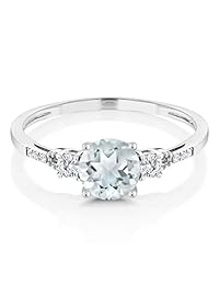 Gem Stone King 10K White Gold Sky Blue Aquamarine White Created Sapphire and Diamond Accent 3-stone Engagement Ring 0.90 cttw (Available 5,6,7,8,9)