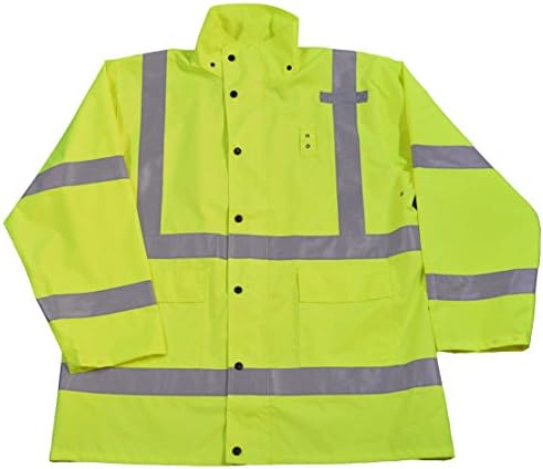 Petra Roc LRJK-C3-L Rain Parka Jacket Waterproof ANSI/Isea Class 3 No Lining with Detachable Hood Storm Flap with Zipper/Snap Closure, Large, Lime