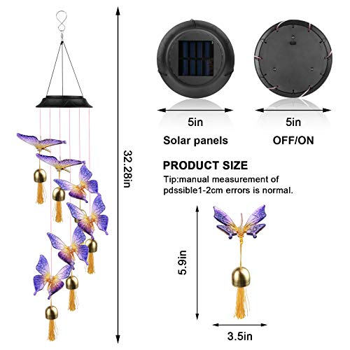 FLYNOVA Wind Chimes Outdoor, Solar Butterfly Wind Chime LED Color Changing Waterproof Decorative Patio Lights for Home Party Yard Garden