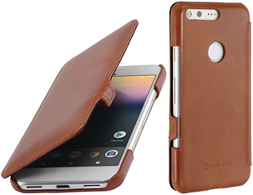 StilGut Book Type with Clip, Genuine Leather Case for Google Pixel, Flip Cover with with Smart Sleep/Wake Function, Full Body Protection, Cognac Brown - Thumbnail 2