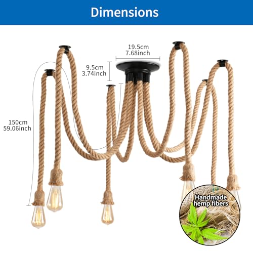 ANWIO 6 Heads Spider Light Chandelier,Pendant Lighting Ceiling,DIY Spider Rope Ceiling Lights,Bedroom Light Shades,Industrial Hanging Ceiling Lights,Hanging Light Fitting,Loft Lighting（1PCS）