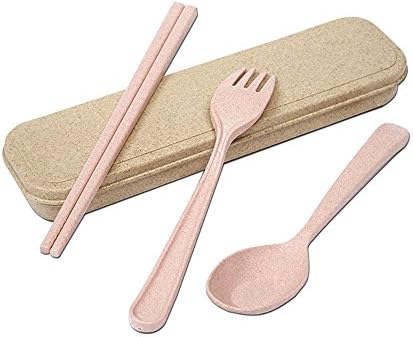 Tentock Wheat Straw Plastic Cutlery Set Biodegradable 3-in-1 Travel Flatware Set Spoon Fork Chopsticks with Package Box