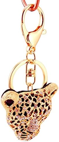 Catnew Leopard Head Animal Rhinestone Keychain Metal Car Key Ring Holder Bag Wallet Car Hanging Ornament Pendant Charm - Golden