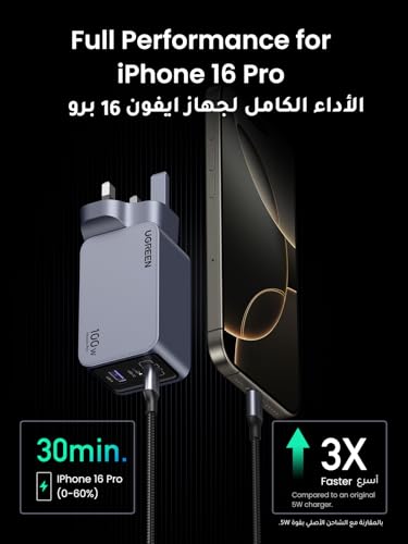 UGREEN Nexode Pro 100W Type C Charger, GaN II Tech 3-Port Laptop Power Charing Adapter Fast Wall Charge Plug Compatible for MacBook Air, Dell XPS, iPad, iPhone 17 Pro Max, 45W Samsung S25/S24 Ultra