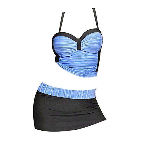 Women's Printed Two Pieces Swimwear Tankini Swimsuits Tankini Set with Panty Skirt (Blue, M)