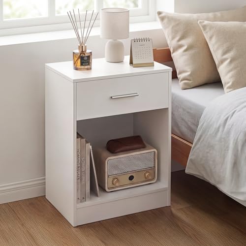 OSLIFE Juego de Buros para Recamara Minimalista,Par de Modernos Mesa de Noche Blanco,Mesa con Cajones,Side Table Pequeño,Estantería Abierta,Armarios Esquineros y Armarios de Almacenamiento(2 Pieza)
