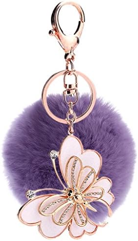 Ayiqi Solid Color Rabbit Plush Ball Butterfly Pendant Keychain Fluffy Handbag Charm Key Ring Car Key Decoration (Light purple)