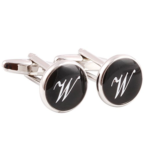 HJ Men's 2PCS Rhodium Plated Cufflinks Silver Initial Letter Shirt Wedding Business 1 Pair Set Black W