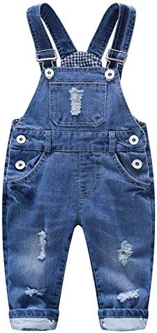 KIDSCOOL SPACE Baby Boy Girl Ripped Denim Cute Workwear Jean Overalls, 6-12 Months