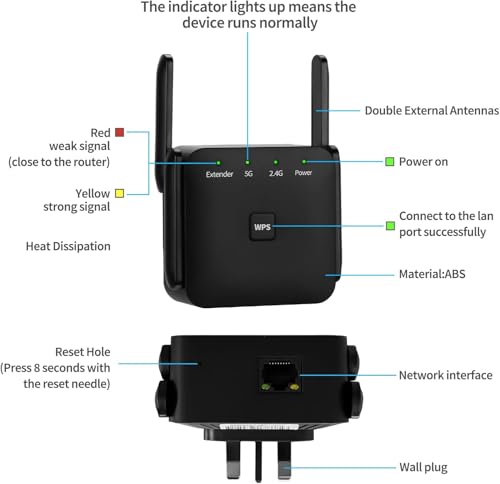 Dual-Band Gigabit WiFi Signal Extender, Features 1200Mbps High-Speed Wall-Penetrating 5G/2.4GHz Wireless Repeaters,Four Antennas Enhance Wireless Signal for 360° Coverage