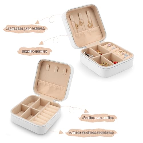 MEKOTRIN Caja Organizador de Joyero, Joyero Pequeño de 20 Piezas, Alajero de Viaje PU para Mujer, Estuche Portátil para Dama de Anillos Pendientes Collares(Blanco)