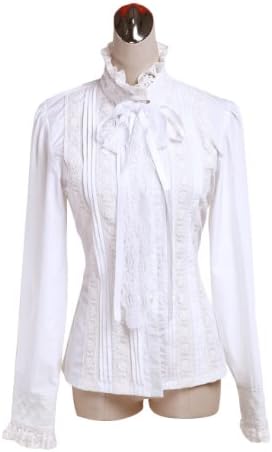 ZKCostume Women's Cotton White Gothic Standing Collar Victorian Shirt Blouse, Style1, S