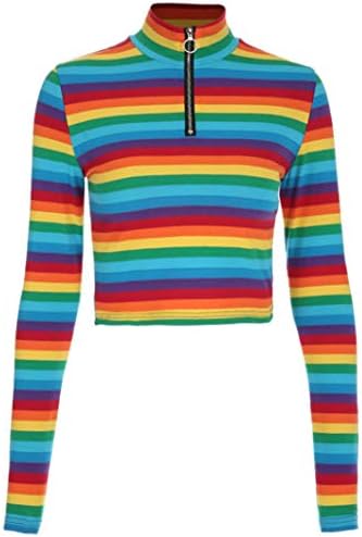 Fashion Womens Long Sleeves Turtleneck Rainbow Striped Zipper Tops Blouse T-Shirt (L, Multicolor)