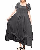 ZANZEA Women's Solid Short Sleeve Fake Two Piece Loose Cotton Linen Maxi Dress Gray XL