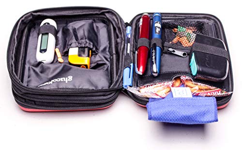 GlucologyTM Diabetic Travel Case - Organizer for Blood Sugar Test Strips, Medication, Glucose Meter, Pills, Tablets, Pens, Insulin Syringes, Needles, Lancets - Hardshell Pack - Expandable, Red