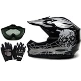 TMS® Youth Black Silver Skull Flame Motocross Helmet with Goggles and Gloves (Large)