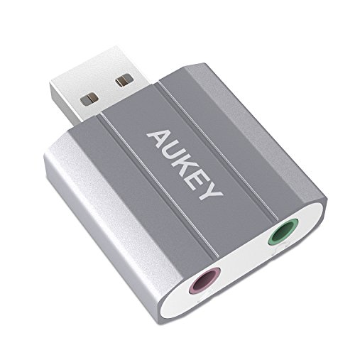 AUKEY USB Audio Adapter, Aluminum External Stereo Sound Card with 3.5mm Headphone and Microphone Jacks for Laptops and Desktop Computers (Grey)