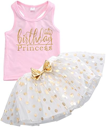 Baby Kids Little Girls Letters Print Sleeveless Tank Vest Top Shirt + Golden Polka Dot Skirt 2 Piece Sets (2-3 Years, Pink)