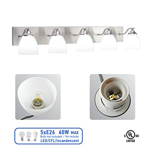 OSTWIN 5-Light Bath Bar Light Up or Down, Interior Bathroom Vanity Wall Lighting Fixture VF42, 5x60 Watt E26 Socket, Satin Nickel Finish with Opal Oval Cone Glass Shade, UL Listed