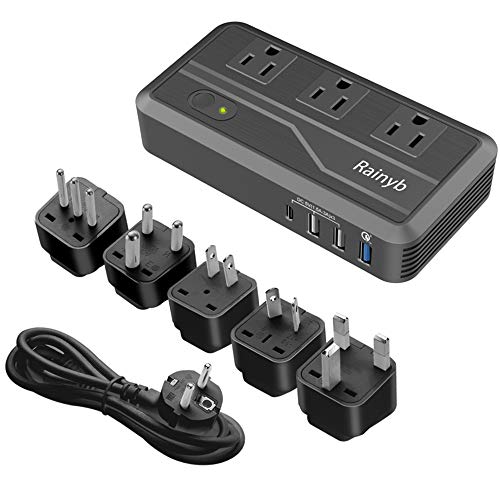 Rainyb 2300W Voltage Converter with Type-C & 3 USB Ports,Step Down 220V to 110V Power Converter for Hair Dryer,International Travel Adapter for UK/AU/US/EU/IT/S.Africa Plug (2300W-Upgraded)