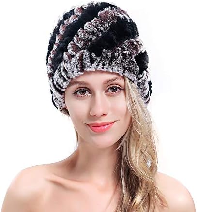MEEFUR Women's Real Rex Rabbit Fur Hats Winter Crochet Knitted Headwear Girls'stylish Trendy Peaked Caps Multicolored