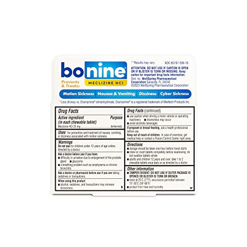 Bonine NonDrowsy Motion Sickness Relief 32 Chewable Tablets with