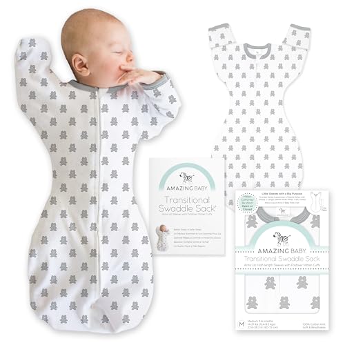 Amazing Baby Transitional Swaddle Sack, Cotton, Tiny Bear Sterling, 6-9mo