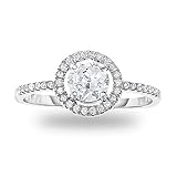Rhodium-Plated 925 Sterling Silver Prong Set Cubic Zirconia Classic Round Halo Engagement Ring