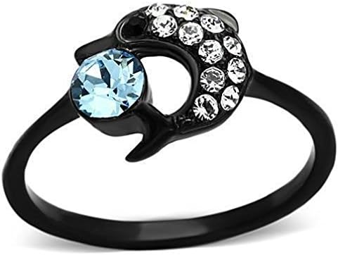 Jewelryfinds Dolphin Round Cut Aqua Baby Blue Cz Black Stainless Steel Women Ring 5-10
