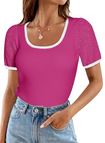 DOKOTOO WOMENS TOPS SPRING SUMMER 2024 FASHION PUFF SHORT SLEEVE SWEATER TOP CASUAL SQUARE NECK LOOSE FIT LIGHTWEIGHT PLUS SIZE PULLOVER T SHIRTS DRESSY KNIT BLOUSES TUNIC TOPS PINK MEDIUM