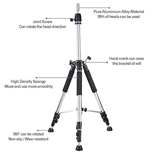 FUNTRESS Heavy Duty Wig Head Stand Adjustable Cosmetology Hairdressing Training Metal Mannequin Tripod Stand For Canvas Block Wig Head Stand With Travel Bag - Thumbnail 3