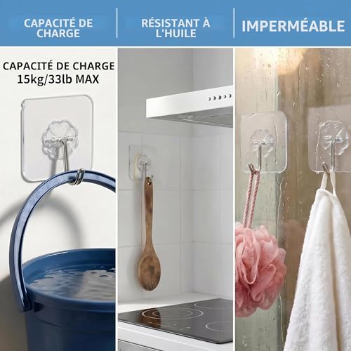 WOVU 10 Pcs Clear Adhesive Hooks No Drilling Strong 15kg Max Waterproof Water/Oil Waterproof Bathroom Kitchen Towel Coat Keys Multipurpose